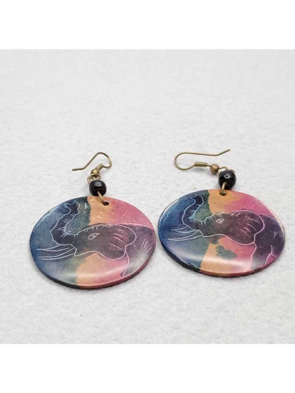Elephant Earrings Dangle Dyed Etched Carved Soapstone Double Sided 1.5" - Picture 2 of 6